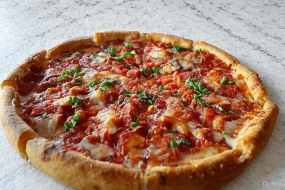 Chicago Deep-Dish Pizza (thick, buttery crust with layers of cheese and tomato)